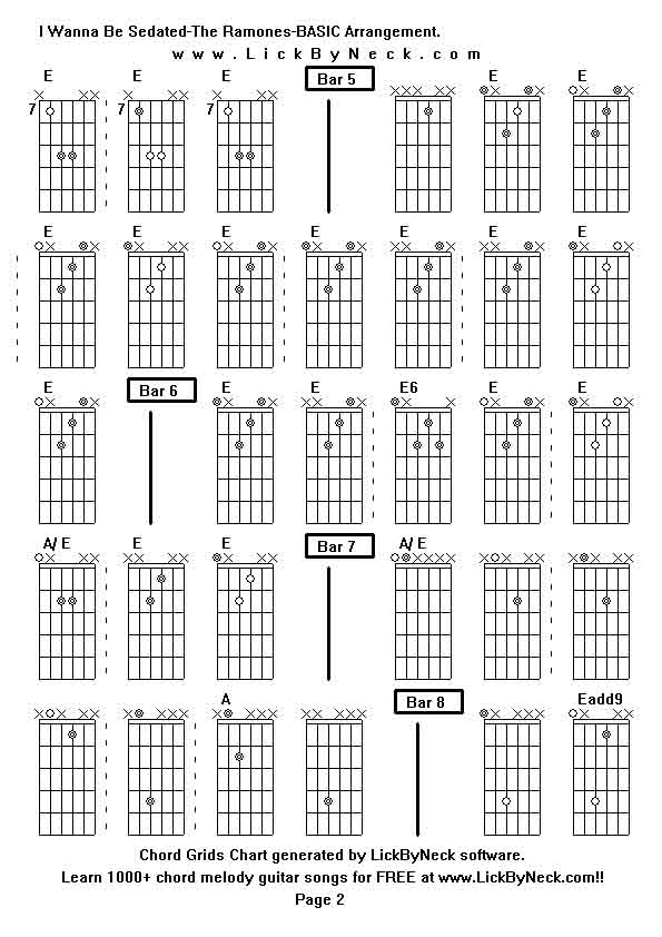 Chord Grids Chart of chord melody fingerstyle guitar song-I Wanna Be Sedated-The Ramones-BASIC Arrangement,generated by LickByNeck software.